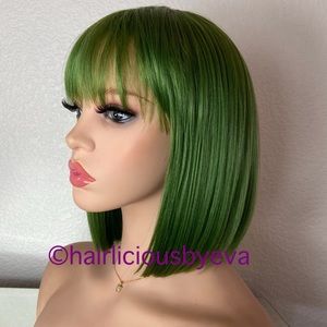 Bob wig with bangs straight 10 inch green color